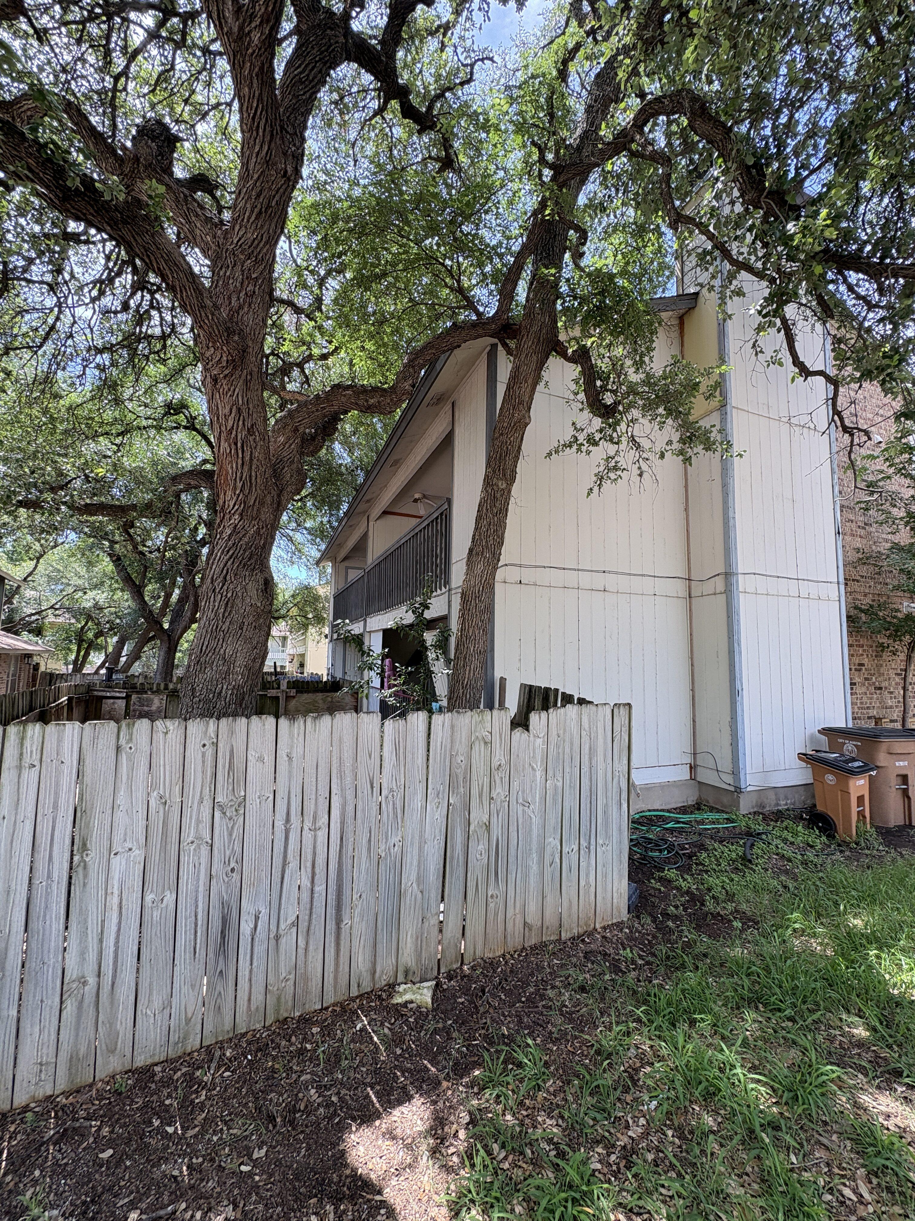 Exterior side view with mature trees at 4312 Acropolis Ct in Austin Texas
